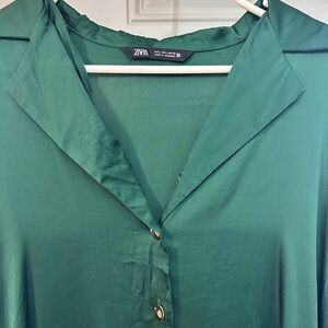 Zara Emerald Satin Button-Up Blouse